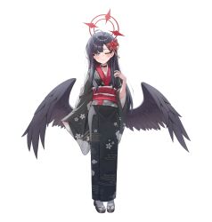  1girl absurdres black_choker black_hair black_kimono black_wings blue_archive choker closed_mouth commentary eyeshadow feathered_wings floral_print floral_print_kimono flower full_body hair_flower hair_ornament halo hand_up highres ichika_(blue_archive) japanese_clothes kimono long_hair looking_at_viewer low_wings makeup obi print_kimono red_eyeshadow red_flower red_halo red_sash sandals sash shj1998z simple_background smile solo standing tabi untranslatable_commentary unusually_open_eyes white_background wide_sleeves wings zouri 