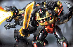  assault_visor autobot breath_weapon breathing_fire dan-the-artguy dinosaur fire grimlock humanoid_robot insignia mecha neon_trim no_humans non-humanoid_robot red_assault_visor robot robot_animal science_fiction solo sword transformers transformers:_fall_of_cybertron transformers:_war_for_cybertron tyrannosaurus_rex weapon 