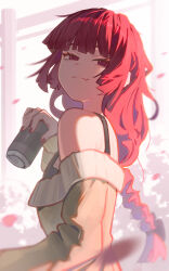  1girl absurdres bare_shoulders beer_can black_bra bocchi_the_rock! bra bra_strap braid can choq3 commentary_request drink_can fang green_jacket highres hiroi_kikuri holding holding_can jacket long_hair looking_at_viewer off-shoulder_jacket off_shoulder petals red_eyes red_hair red_nails single_braid skin_fang smile solo underwear 