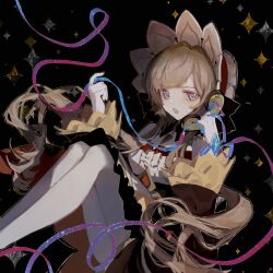  1girl black_collar black_sleeves blue_eyes bonnet brown_hair collar commentary dark_background detached_collar detached_sleeves dress english_commentary genshin_impact gloves hair_ornament highres holding holding_phone long_sleeves minazukiayano open_mouth phone sandrone_(genshin_impact) short_hair_with_long_locks sitting solo thigh-highs white_gloves white_headdress white_thighhighs 