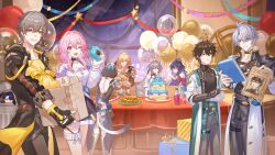  3girls 5boys absurdres ahoge antenna_hair armor arms_behind_back backless_leotard balloon black_gloves black_jacket black_leotard black_pants black_shirt blue_eyes blue_skirt book bottle box breasts bronya_rand brown_hair caelus_(honkai:_star_rail) cake camera cat_girl cat_tail chest_tattoo cipher_(honkai:_star_rail) coat commentary cowboy_shot crossed_arms cup dan_heng_(honkai:_star_rail) dan_heng_(hunt)_(honkai:_star_rail) drinking_glass earrings english_commentary fingerless_gloves food gift gloves green_eyes grey_hair guest_art hair_between_eyes highres holding holding_book holding_box holding_camera honkai:_star_rail honkai_(series) hooded_leotard in_container in_trash_can jacket jewelry leotard long_hair looking_at_another looking_at_viewer march_7th_(honkai:_star_rail) march_7th_(preservation)_(honkai:_star_rail) medium_breasts multicolored_eyes multiple_boys multiple_girls mydei_(honkai:_star_rail) open_mouth pants parted_lips peeking_out phainon_(honkai:_star_rail) pink_eyes pink_hair pointing pointing_at_another purple_hair red_tattoo sampo_koski second-party_source seele_(honkai:_star_rail) shirt short_hair shoulder_armor skirt smile tail tanemaki_monaka tattoo trailblazer_(honkai:_star_rail) trash_can two-tone_eyes very_long_hair violet_eyes wanted_poster white_coat white_hair white_shirt yellow_eyes 