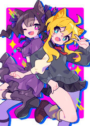  1girl 2girls :d ;d ahoge animal_ear_fluff animal_ears black_skirt blonde_hair blue_eyes blush boots border brown_boots brown_hair brown_shoes brown_socks cat_ears cat_girl commentary_request commission dot_nose double-parted_bangs dress fang foot_out_of_frame grey_sweater hair_between_eyes hand_up highres honoca6190 locked_arms long_hair long_sleeves looking_at_viewer miniskirt multiple_girls one_eye_closed open_mouth original outside_border pleated_skirt purple_background purple_dress shoes short_hair short_sleeves skeb_commission skin_fang skirt smile socks sparkle standing standing_on_one_leg sweater v violet_eyes white_border 