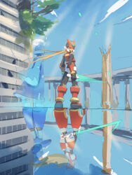  2boys absurdres arm_cannon armor blonde_hair blue_armor blue_helmet blue_robe commentary_request cyber_elf_x_(mega_man) different_reflection energy_sword forehead_jewel from_behind full_body halo helmet highres holding holding_sword holding_weapon long_hair looking_at_viewer looking_back male_focus mega_man_(series) mega_man_x_(series) mega_man_zero_(series) multiple_boys omochi_(mochi_skymega) red_armor red_helmet reflection robe standing sword weapon x_(mega_man) z_saber zero(z)_(mega_man) zero_(mega_man) 