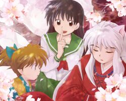  1girl :d animal_ears bead_necklace beads brown_eyes brown_hair cherry_blossoms closed_eyes commentary_request dog_boy dog_ears green_sailor_collar green_skirt hakama hetero higurashi_kagome inuyasha inuyasha_(character) japanese_clothes jewelry long_hair necklace open_mouth pleated_skirt ponytail ranma_1/2 red_hakama sailor_collar school_uniform shippou_(inuyasha) skirt smile tooth_necklace tree white_hair zunko 