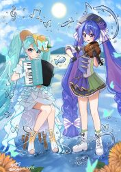  2girls absurdres accordion ahoge aqua_eyes aqua_hair aqua_nails black_gloves blush boots bow bow_(music) brown_hat commentary_request double-parted_bangs dress fingerless_gloves fingernails flower full_body gloves hair_between_eyes hat hat_bow hat_flower hat_ornament hatsune_miku highres holding holding_accordion holding_bow_(music) holding_instrument holding_violin instrument leaf_hat_ornament long_hair looking_at_viewer magical_mirai_(vocaloid) magical_mirai_miku magical_mirai_miku_(2026) multiple_girls musical_note_ornament nagori_(nagori_7575) nail_polish open_mouth otomachi_una purple_dress purple_hair shirt sitting sleeveless sleeveless_dress solo standing sunflower toenail_polish toenails twintails very_long_hair violin vocaloid watermark white_boots white_bow white_dress white_gloves white_shirt yellow_eyes yellow_flower 
