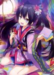  1girl :d absurdres black_hair blue_eyes hair_ornament highres holding japanese_clothes kimono kimono_skirt lampion long_hair looking_at_viewer nyori open_mouth origami original paper_crane sitting smile solo twintails very_long_hair wariza 
