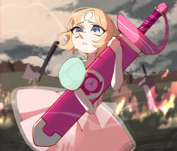  1girl blue_eyes dress fire forehead_jewel gem gem_(steven_universe) highres homeworld_gem_uniform mavka-arter official_alternate_costume outdoors pearl_(gemstone) pearl_(original_form)_(steven_universe) pearl_(steven_universe) pointy_nose rose's_sword_(steven_universe) short_hair short_sleeves solo steven_universe 