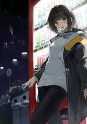  1girl absurdres ahoge arknights arknights:_endfield black_coat black_hair black_pantyhose blue_eyes breasts bush coat endministrator_(arknights) feet_out_of_frame female_endministrator_(arknights) hand_in_pocket highres leaning_on_object night open_clothes open_coat open_mouth outdoors pantyhose remapack77 road_sign short_hair sign sketch small_breasts smile solo sweater trash_can v vending_machine white_sweater 