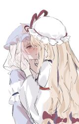  2girls blonde_hair blue_hat blue_kimono blush bow commentary_request dress frilled_kimono frills hair_bow hat highres imminent_kiss japanese_clothes kimono long_hair long_sleeves mob_cap multiple_girls onigiri_222x714 open_mouth pink_eyes pink_hair purple_tabard red_bow red_ribbon ribbon saigyouji_yuyuko short_hair simple_background sleeve_garter smile tabard touhou triangular_headpiece very_long_hair white_background white_dress white_hat wide_sleeves yakumo_yukari yuri 