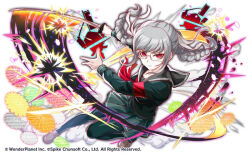  1girl black_sailor_collar braid copyright_notice crash_fever danganronpa_(series) expressionless glasses green_shirt green_skirt green_thighhighs grey_hair grey_shoes hair_between_eyes hair_ribbon holding holding_sword holding_weapon long_sleeves neckerchief official_art pekoyama_peko promotional_art red_eyes red_neckerchief ribbon sailor_collar school_uniform shirt shoes simple_background skirt solo swept_bangs swinging_weapon sword thigh-highs third-party_source twin_braids weapon white_background white_ribbon 