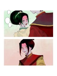  1boy 2girls avatar_legends azula black_hair blank_speech_bubble commentary_request english_commentary grey_eyes hair_bun highres meomeolei mixed-language_commentary multiple_girls open_mouth speech_bubble talking toph_beifong vietnamese_commentary yellow_eyes zuko 