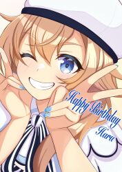  1girl absurdres black_trim blue_eyes blue_nails brown_hair clenched_teeth close-up commentary_request double_v dress happy_birthday hat highres long_hair looking_at_viewer nabatame_haru nail_polish one_eye_closed satsuki109055 shine_post smile solo teeth upper_body v white_hat 