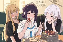  3girls absurdres ahoge ahoge_wag birthday_cake black_hair black_shirt blonde_hair blush cake candle character_name cho_kaguya-hime! closed_eyes commentary_request couch dated english_text expressive_hair food fruit grin hair_bun hand_on_another's_head happy_birthday highres kaguya_(cho_kaguya-hime!) long_hair multiple_girls plate red_eyes runami_yachiyo sailor_collar sakayori_iroha shirt short_sleeves single_hair_bun smile strawberry tatsujin_iroha tiara translated v white_hair white_shirt 