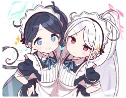  2girls apron aris_(blue_archive) aris_(maid)_(blue_archive) black_dress black_hair blue_archive blue_bow blue_bowtie blue_eyes blush border bow bowtie closed_mouth commentary_request dress green_halo halo hand_on_own_hip highres kei_(blue_archive) kei_(new_body)_(blue_archive) long_hair looking_at_viewer maid maid_headdress multiple_girls parted_bangs pink_halo red_eyes ringed_eyes short_sleeves simple_background smile sparkle upper_body v-shaped_eyebrows white_apron white_background white_border white_hair yoru_nai 