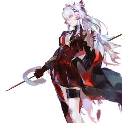  1girl absurdres aiguillette animal_ears arknights black_gloves black_jacket blue_eyes feet_out_of_frame gloves grey_hair grey_tail hair_between_eyes hair_ornament hairclip highres holding holding_sword holding_weapon jacket lappland_(arknights) lappland_the_decadenza_(arknights) long_hair long_sleeves necktie profile qimeila_versa scar scar_across_eye scar_on_face simple_background solo standing sword tail two-tone_necktie weapon white_background wolf_ears wolf_girl wolf_tail 