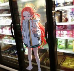  1girl absurdres bare_legs blue_archive closed_mouth coat food_packaging forehead halo highres jochal long_hair long_sleeves photo_background red_hair slippers solo tagme violet_eyes white_coat yellow_halo yuzu_(blue_archive) 