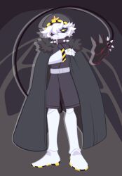  1boy black_cape black_hat black_jacket cape commentary_request face_filter fewer_digits fur_trim hat head_tail highres humanoid_robot jacket looking_at_viewer mechanical_arms mechanical_head mechanical_legs mikesi_quan murder_drones n_(murder_drones) robot rocket_boots screen short-sleeved_jacket short_hair short_sleeves tail two-tone_hat white_hair yellow_eyes 