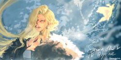  1girl bare_shoulders blonde_hair blue_eyes coat commentary commission dress english_commentary fatui_coat fur_trim genshin_impact highres lace-trimmed_eyepatch long_hair monoguree one_eye_covered signora_(genshin_impact) solo winter_clothes winter_coat 
