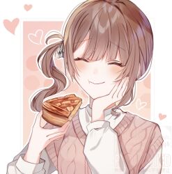  1girl :t ^_^ apple_pie aran_sweater blunt_bangs blush brown_hair brown_sweater cable_knit chewing closed_eyes closed_mouth commentary_request eating facing_viewer food grey_shirt hair_ribbon hand_on_own_cheek hand_on_own_face hands_up happy heart highres holding holding_food long_sleeves medium_hair mochizuki_honami namatake06 outline pie pie_slice project_sekai raised_inner_eyebrows ribbon shirt side_ponytail sidelocks simple_background smile solo striped_ribbon sweater twitter_username upper_body v-neck watermark white_outline 