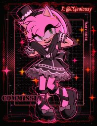  1girl amy_rose animal_ear_piercing black_dress black_eyeshadow black_gloves black_hairband black_shoes character_name chinese_commentary commentary_request commission czy_(2894456992) dress earrings eyeshadow full_body furry furry_female gloves gothic_lolita hairband hat highres jewelry lolita_fashion long_eyelashes makeup mini_hat mini_top_hat open_mouth ribbon-trimmed_gloves ribbon_trim shoes short_dress smile solo sonic_(series) sparkle top_hat twitter_username watermark 