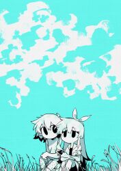  1boy 1girl absurdres alternate_eye_color aubrey_(faraway)_(omori) aubrey_(omori) black_eyes blue_theme chinese_commentary commentary_request double-parted_bangs grass hair_between_eyes hairband highres huasuan69416 jacket kel_(faraway)_(omori) kel_(omori) leg_hair limited_palette long_hair long_sidelocks no_mouth omori open_clothes open_jacket short-sleeved_jacket short_hair short_sleeves shorts sidelocks sitting socks 