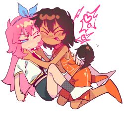  1boy 1girl animal_ears aubrey_(faraway)_(omori) aubrey_(omori) blue_eyes blue_skirt blush brown_hair chinese_commentary closed_eyes closed_mouth collar commentary_request dark-skinned_male dark_skin denim denim_skirt dog_boy dog_ears dog_tail double-parted_bangs hair_between_eyes heart highres holding holding_leash huasuan69416 jacket kel_(faraway)_(omori) kel_(omori) kemonomimi_mode leash long_hair omori open_mouth orange_shoes orange_shorts pink_hair red_collar shoes short-sleeved_jacket short_hair short_sleeves shorts sidelocks simple_background skirt smile speech_bubble spoken_heart tail white_background white_jacket 