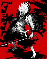  1boy absurdres barefoot black_nails commentary_request dandadan facial_tattoo fighting_stance highres holding holding_sword holding_weapon japanese_clothes katana kimono looking_at_viewer male_focus mask medium_hair mouth_mask red_background red_eyes round_eyewear sheath solo standing sword takakura_ken_(dandadan) takakura_ken_(transformed)_(dandadan) tattoo weapon white_hair wide_sleeves ydo0625 