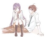  1boy 1girl anesaki_nozomi anesaki_shun brother_and_sister brown_eyes brown_hair chin_rest hair_twirling haru_no_pan_matsuri long_hair low_twintails no_shoes purple_hair school_uniform serafuku siblings sitting sitting_on_lap sitting_on_person sketch socks twintails very_long_hair violet_eyes watashi_no_real_wa_juujitsu_shisugiteiru 