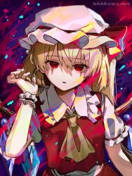  1girl artist_name ascot blonde_hair collared_shirt commentary_request crystal crystal_wings flandre_scarlet frilled_shirt_collar frilled_wrist_cuffs frills hair_between_eyes hat hat_ribbon highres looking_at_viewer mob_cap multicolored_wings nene_man one_side_up red_eyes red_skirt red_vest ribbon shirt skirt skirt_set solo touhou twitter_username vest white_hat white_shirt wings wrist_cuffs yellow_ascot 