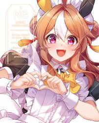  1girl ahoge animal_ears apron black_dress blush bow breasts brown_hair commentary_request copano_rickey_(umamusume) double_bun dress ear_covers fang four-finger_heart_hands hair_between_eyes hair_bun hair_ornament heart heart_hands highres horse_ears horse_girl long_hair looking_at_viewer maid maid_apron maid_headdress mismatched_ear_covers multicolored_hair open_mouth rukinya_(nyanko_mogumogu) school_uniform short_sleeves smile solo tassel tassel_hair_ornament tracen_school_uniform umamusume violet_eyes white_apron white_hair yellow_bow 