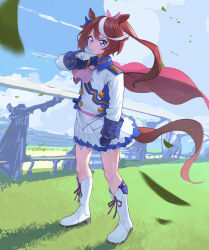  1girl absurdres animal_ears ascot asymmetrical_gloves black_gloves blue_eyes blue_sky blush boots bow brown_hair buttons cape clouds commentary_request double-breasted ear_bow ear_ribbon epaulettes gloves grass high_ponytail highres horse_ears horse_girl horse_tail jacket long_hair long_sleeves mismatched_gloves multicolored_hair multicolored_jacket outdoors pink_ascot ponytail red_cape revision single_epaulette single_hair_streak skirt sky solo streaked_hair tail tokai_teio_(peak_joy)_(umamusume) tokai_teio_(umamusume) two-tone_hair two-tone_jacket two-tone_skirt umamusume user_vscy2738 white_boots white_gloves white_jacket white_skirt white_streaks wind 
