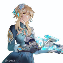  1girl black_gloves blonde_hair blue_dress breasts closed_mouth commentary dress english_commentary expressionless feather_hair_ornament feathers flower fur-trimmed_gloves fur_trim genshin_impact gloves gun hair_flower hair_ornament highres holding holding_gun holding_weapon long_sleeves lumine_(genshin_impact) lumine_(snezhnaya)_(genshin_impact) medium_breasts official_alternate_costume shikacchin short_hair_with_long_locks simple_background twitter_username upper_body weapon white_background yellow_eyes 