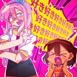  >_< 1boy 1girl aubrey_(faraway)_(omori) aubrey_(omori) blue_eyes blue_hairband blue_nails blue_skirt brown_hair chibi chinese_commentary closed_eyes commentary_request crop_top dark-skinned_male dark_skin denim denim_skirt double-parted_bangs hair_between_eyes hairband highres huasuan69416 jacket kel_(faraway)_(omori) kel_(omori) long_hair long_sidelocks navel omori open_clothes open_jacket pink_hair short-sleeved_jacket short_hair short_sleeves sidelocks skirt speech_bubble translation_request white_jacket 