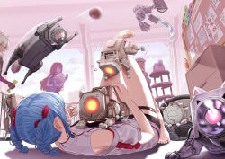  4girls bare_shoulders barefoot blonde_hair blue_eyes blue_hair braid braided_twintails colphne_(girls'_frontline_2) commentary_request dinergate_(girls'_frontline) elmo_dormitory_outfit feet girls_frontline hair_ribbon highres looking_at_another lying multiple_girls nemesis_(vrchat) on_back papasha_(girls'_frontline_2) ppsh-41_(girls'_frontline) red_ribbon ribbon short_twintails soles standing suomi_(girls'_frontline) thigh_gap toes tomita_yousuke twintails violet_eyes white_hair 