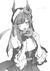  1girl absurdres bare_shoulders blush commentary death_unagi detached_sleeves dot_nose doughnut dress food food_on_head greyscale headdress highres holding holding_food licking_food long_hair looking_at_viewer monochrome object_on_head parted_hair pointy_ears ring_toss simple_background solo white_background xaihi_(arknights) 