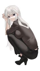  absurdres azur_lane breasts business_casual casual cy enterprise_(azur_lane) high_heels highres large_breasts long_hair long_sleeves looking_at_viewer squatting suit_pants violet_eyes white_hair 