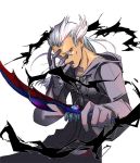  1boy annima ansem ansem_seeker_of_darkness artist_request coat commentary covering_face gloves kingdom_hearts kingdom_hearts_ii long_hair male_focus riku solo spoilers sword weapon white_background white_hair yellow_eyes 
