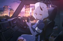  1girl black_horns blue_archive blue_dress braid building can car_interior city cityscape closed_mouth dashboard demon_horns dress drink_can emblem evening food frilled_sleeves frills game_asset grey_halo half_up_braid halo hat highres holding holding_food horns instant_cup_noodles instant_noodles kokosando looking_at_viewer monitor non-web_source nurse nurse_cap official_art onigiri outdoors self-datamine sena_(blue_archive) short_hair short_sleeves sitting snack soda_can solo steering_wheel sunset white_hair window yellow_eyes 