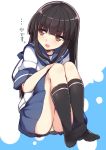  1girl bangs black_hair black_legwear blouse blue_skirt blunt_bangs brown_eyes haruyuki_(yukichasoba) hatsuyuki_(kantai_collection) kantai_collection kneehighs knees_up legs_together long_hair neckerchief no_shoes open_mouth panties pantyshot pantyshot_(sitting) pleated_skirt sailor_collar school_uniform serafuku sitting skirt solo underwear white_panties 