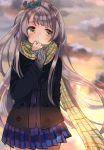  1girl absurdres arm_behind_back blush brown_hair clouds coat cowboy_shot hand_to_own_mouth highres long_hair love_live!_school_idol_project minami_kotori plaid plaid_scarf pleated_skirt scarf shigure_ui skirt sky solo sweater twilight very_long_hair winter_clothes winter_coat yellow_eyes 