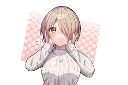  1girl brown_hair closed_mouth hair_ornament hairpin hands_on_own_cheeks hands_on_own_face heaven_burns_red highres kayamori_ruka looking_at_viewer puyopiku red_eyes short_hair sweater upper_body white_sweater 