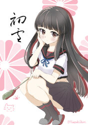  1girl absurdres black_hair black_sailor_collar black_skirt blue_neckerchief blunt_bangs brown_eyes cat_teaser commentary_request floral_background hand_on_own_face hatsuyuki_(kancolle) hatsuyuki_kai_ni_(kancolle) highres hime_cut himesaki_shiori kantai_collection long_hair neckerchief one-hour_drawing_challenge pleated_skirt sailor_collar second-party_source skirt solo squatting 