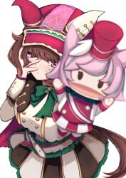  1girl absurdres animal_ears black_skirt blurry blush brown_hair closed_mouth commentary_request depth_of_field hand_on_own_face hand_puppet hat highres horse_ears horse_girl marche_lorraine_(racing)_(umamusume) marche_lorraine_(umamusume) medium_hair mismatched_ear_covers multicolored_hair multicolored_skirt newsboy_cap pink_eyes puppet red_hat shirt simple_background skirt solo streaked_hair umamusume wakaraaan white_background white_shirt white_skirt white_streaks 
