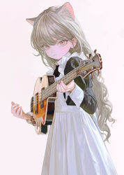  1girl animal_ear_fluff animal_ears apron artist_name bass_guitar black_dress cat_ears cat_girl closed_mouth collared_dress commentary dress earrings extra_ears feiqizi_(fkey) fkey frilled_apron frills frown grey_hair guitar highres hofner_instruments holding holding_bass_guitar holding_instrument instrument jewelry juliet_sleeves long_hair long_sleeves looking_at_viewer maid maid_apron maid_day original pink_eyes puffy_sleeves simple_background solo stud_earrings swept_bangs untranslatable_commentary upper_body very_long_hair white_apron white_background white_hair 