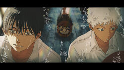  2boys arashi_(boom_sate225) ball black_hair blood blood_stain blue_eyes brown_eyes collared_shirt commentary_request hair_between_eyes hikaru_ga_shinda_natsu indou_hikaru long_bangs medium_hair mole mole_on_cheek mole_under_mouth multiple_boys parody parted_lips shirt short_hair style_parody teeth translation_request tsujinaka_yoshiki white_hair white_shirt 