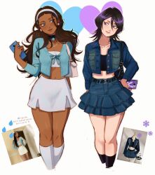  2girls arm_at_side arms_at_sides black_hair blue_eyes breasts brown_hair casual closed_mouth collarbone commentary cropped_jacket dark-skinned_female dark_skin denim denim_jacket denim_skirt earrings english_commentary eyelashes feet_out_of_frame front-tie_top hairband hand_up head_tilt heart highres holding holding_phone jacket jewelry katara kneehighs kuchiki_rukia light_smile long_hair long_sleeves looking_at_another looking_to_the_side m1rimorinku medium_hair miniskirt multiple_girls navel necklace pale_skin pearl_earrings pendant_choker phone real_life_insert reference_inset simple_background skirt small_breasts snowflakes socks strapless tube_top violet_eyes water_drop white_background white_hairband white_skirt 