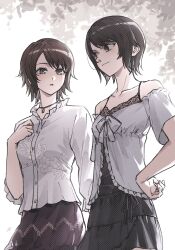  2girls arm_at_side asou_misaki bare_shoulders black_choker black_dress black_hair black_ribbon bob_cut brown_eyes brown_hair brown_skirt choker closed_mouth collarbone commentary_request cowboy_shot dress fatal_frame fatal_frame:_mask_of_the_lunar_eclipse floral_background floral_print frilled_shirt frilled_shirt_collar frilled_sleeves frills hand_on_own_chest hand_on_own_hip hand_up highres looking_at_another looking_to_the_side multiple_girls off-shoulder_shirt off_shoulder parted_lips pendant_choker print_shirt ribbon rr_(ellyandriko) shirt short_hair side-by-side sideways_glance skirt sleeveless sleeveless_dress smile spaghetti_strap standing three-quarter_sleeves tsukimori_madoka watermark white_background white_ribbon white_shirt 