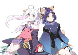  2girls ahoge animal_ear_fluff animal_ears animal_on_shoulder bare_shoulders belt belt_buckle belt_collar black_belt black_collar black_kimono black_sash blue_eyes blue_kimono blush bob_cut brown_sash brown_tail buckle cho_kaguya-hime! closed_mouth collar colored_inner_hair commentary_request cowboy_shot criss-cross_halter diamond_(shape) dot_nose dress facial_mark floating_hair forehead_mark fox_ears fox_girl fox_tail frilled_sleeves frills furrowed_brow fushi_(cho_kaguya-hime!) gradient_clothes gradient_kimono green_eyes grin hair_ornament hair_rings hair_stick halterneck high-low_dress highres holding_hands hood hood_down interlocked_fingers invisible_chair japanese_clothes kanzashi kimono kimono_dress knees legwear_garter light_smile long_hair long_sleeves looking_at_viewer middle_part multicolored_eyes multicolored_hair multiple_girls obi obijime parted_bangs pink_hair pleated_dress print_kimono purple_dress purple_hair raised_inner_eyebrows red_trim runami_yachiyo sakai_animeta sakayori_iroha sash sea_bunny sea_slug see-through_clothes see-through_thighhighs shide short_hair short_kimono sidelocks simple_background single_thighhigh sitting smile tail tasuki thick_eyebrows thigh-highs thigh_strap twintails two-tone_eyes two-tone_hair umbrella_octopus violet_eyes white_background white_hair wide_sleeves 