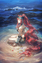  1girl animal_ears arknights artist_name bare_back bare_legs detached_sleeves from_side hair_ornament helen_zzhao high_ponytail highres horse_ears jewelry long_hair ocean open_mouth ponytail red_eyes red_hair sand sitting solo swimsuit thighlet very_long_hair waves 