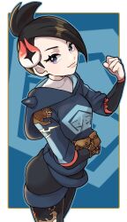  1girl arm_across_waist bag black_hair black_pantyhose blue_background blue_eyes blue_outline border bracelet brown_bag character_print clenched_hand cowboy_shot diamond_clan_outfit eyelashes fu_(tk1189227dhy) hair_ornament hand_up highres hood hooded_jacket jacket jewelry looking_at_viewer mai_(pokemon) mole mole_under_mouth outline pantyhose pokemon pokemon_legends:_arceus print_jacket print_pantyhose smile standing stantler ursaring white_border 